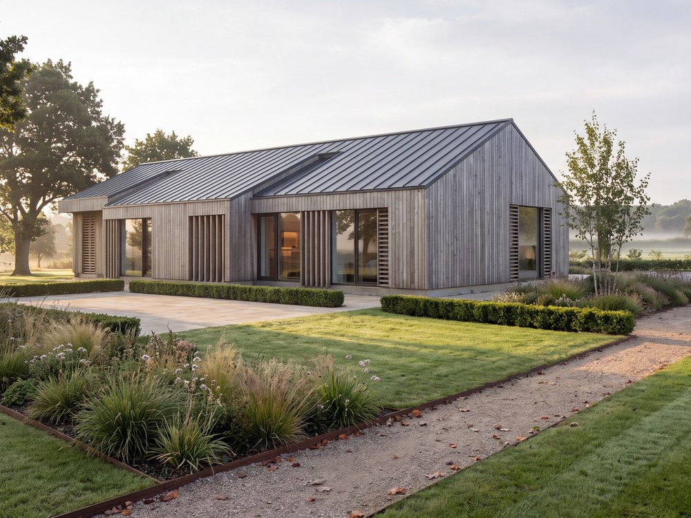 Closer visualisation of the boarded garden side, with timber fins, slatted screens and a stone terrace