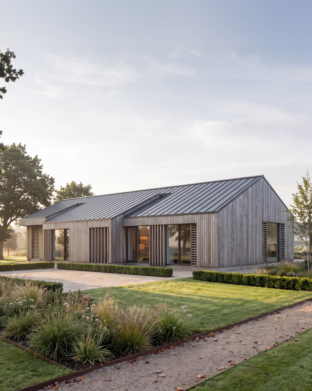 Visualisation of the farm store as two homes, timber-boarded under one steep standing-seam roof