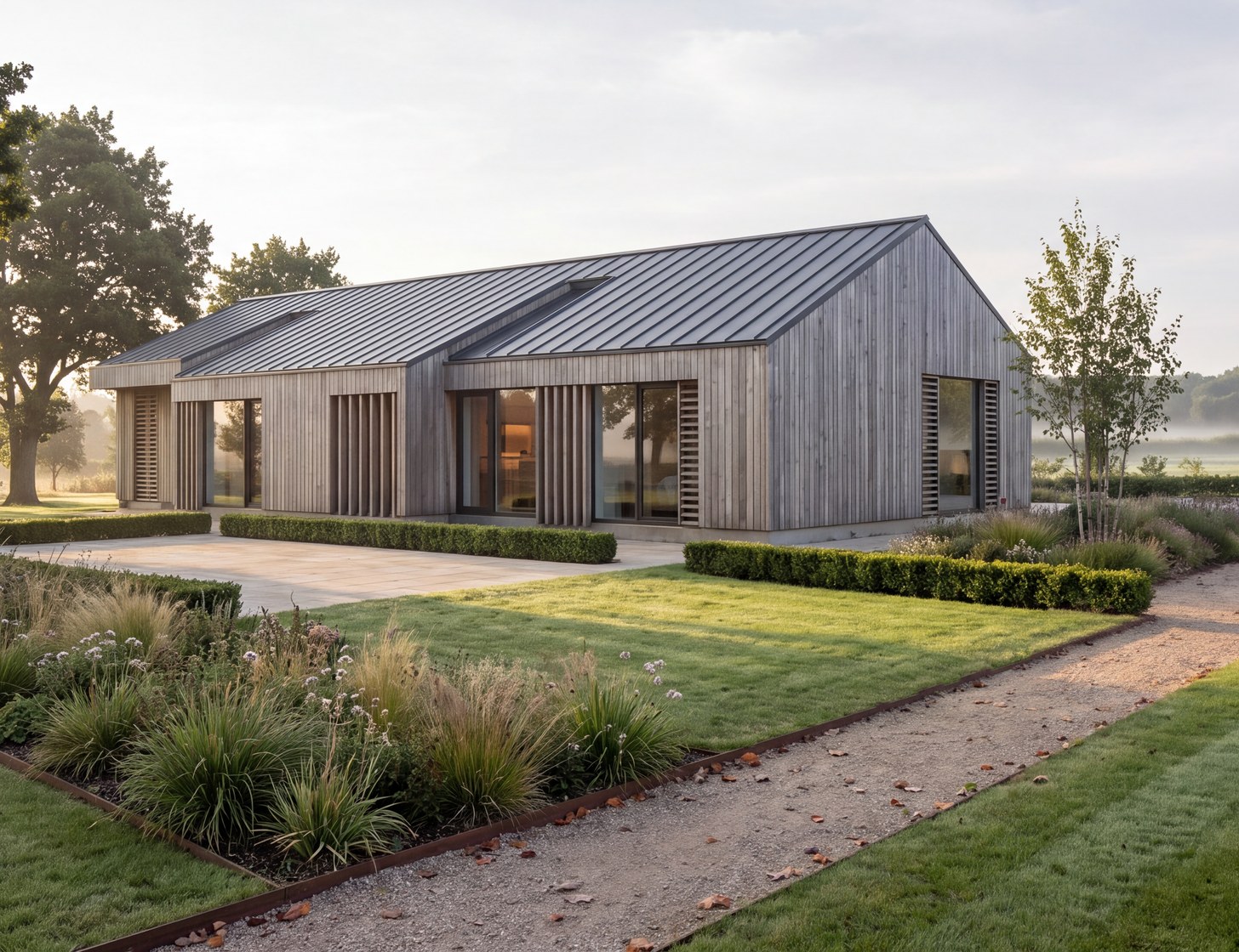 Closer visualisation of the boarded garden side, with timber fins, slatted screens and a stone terrace
