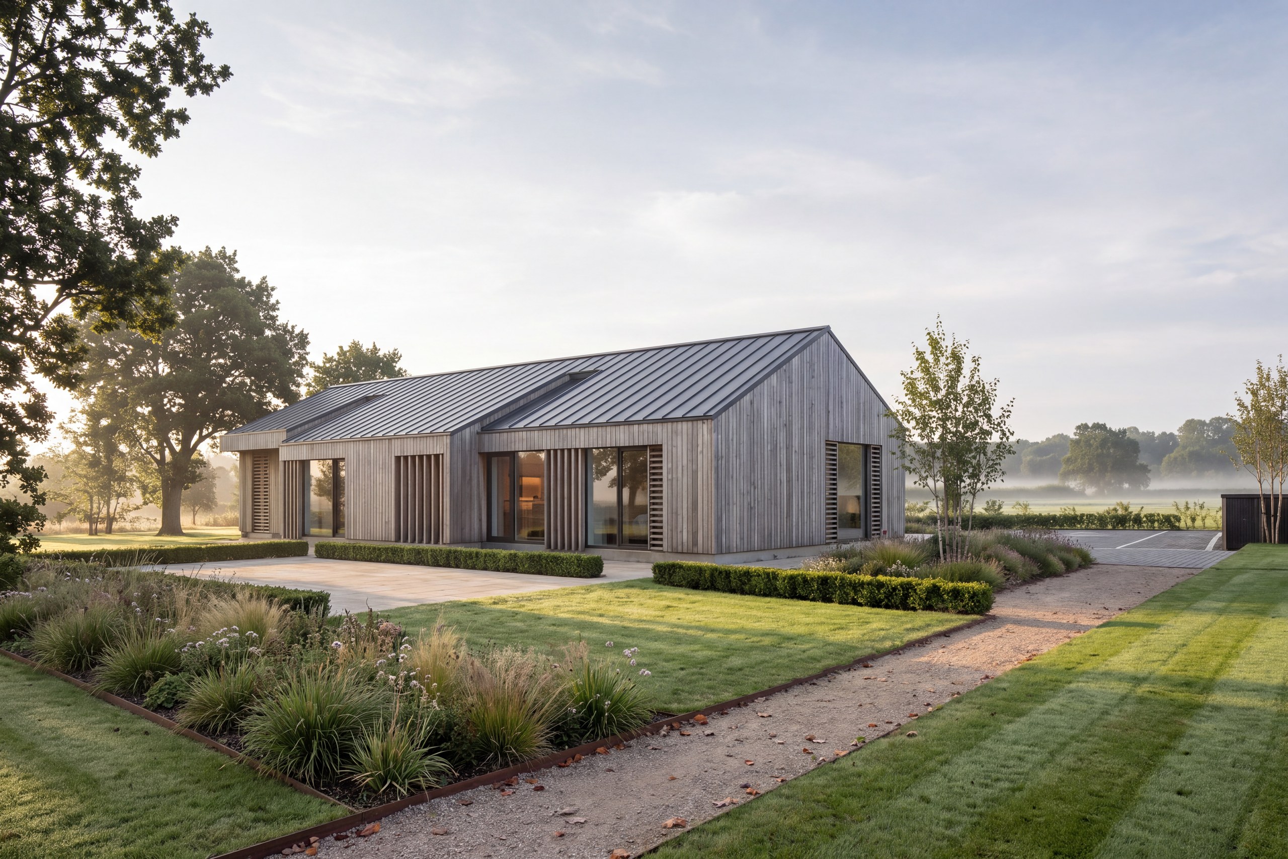Visualisation of the farm store as two homes, timber-boarded under one steep standing-seam roof