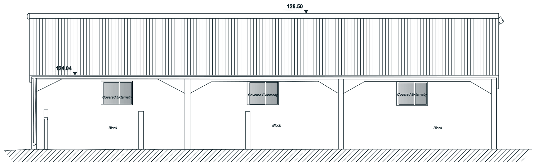 Existing elevation of the farm store: a shallow sheet roof over three blockwork bays, each with a small window