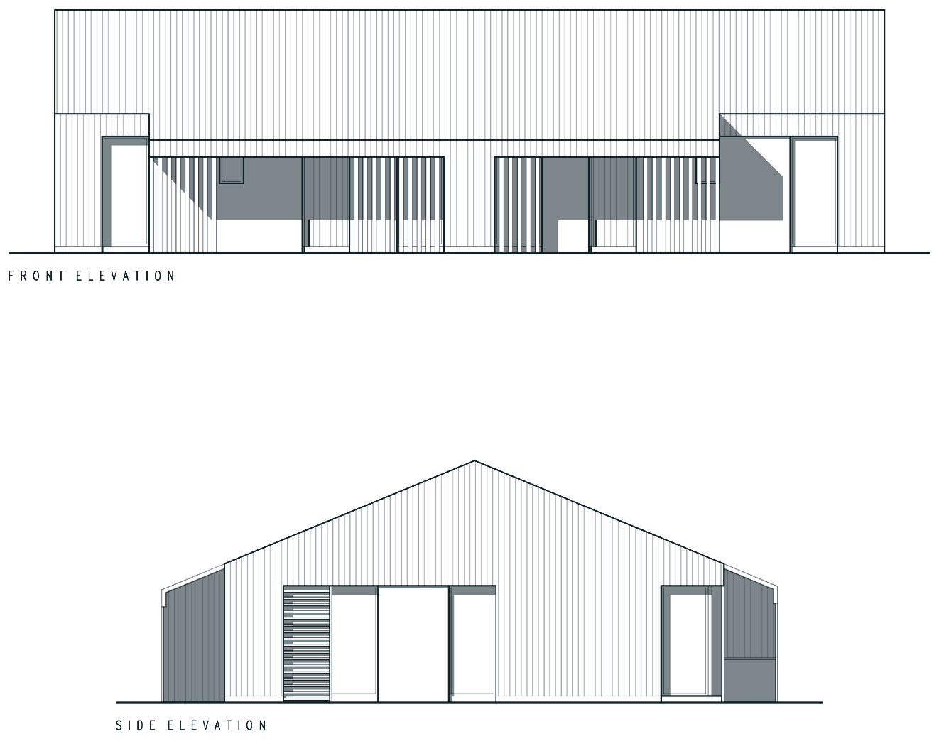 Two approved elevations: the long front with recessed glazed terraces and fins, and the slatted gable end