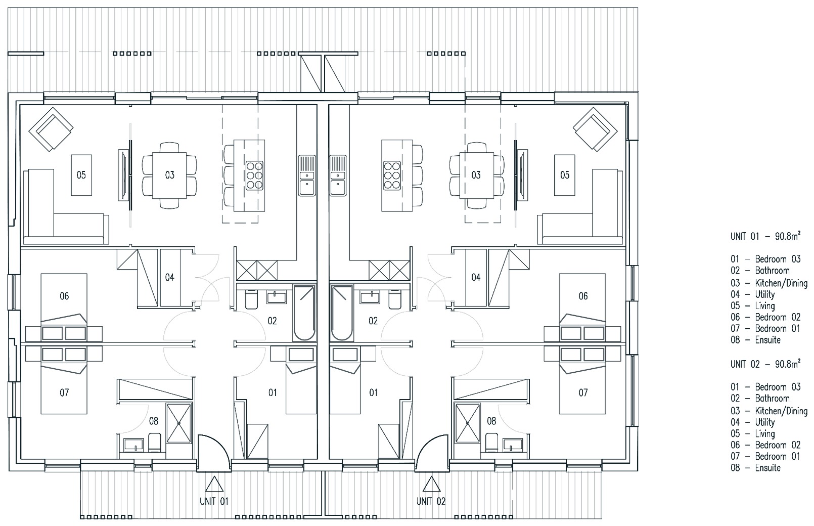 Approved floor plans of two mirrored homes, each with three bedrooms, a kitchen and a living area