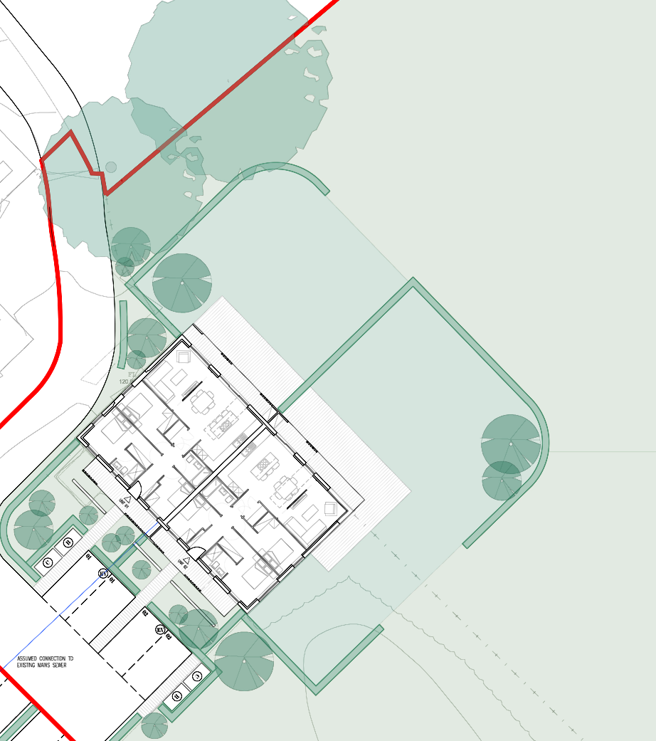 Approved site plan: the two homes set at an angle in a hedged garden, parking bays and the boundary in red