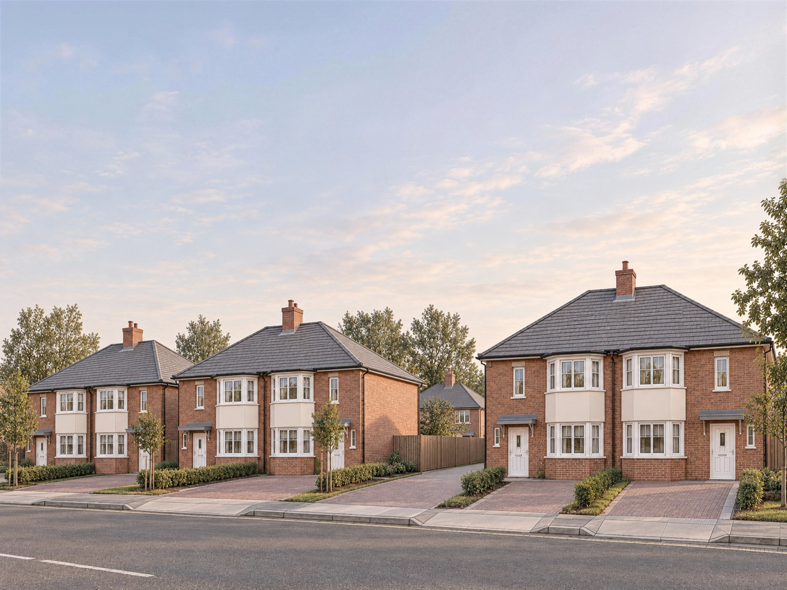 Visualisation from across Gospel Lane, Acocks Green: three pairs of red-brick semi-detached houses