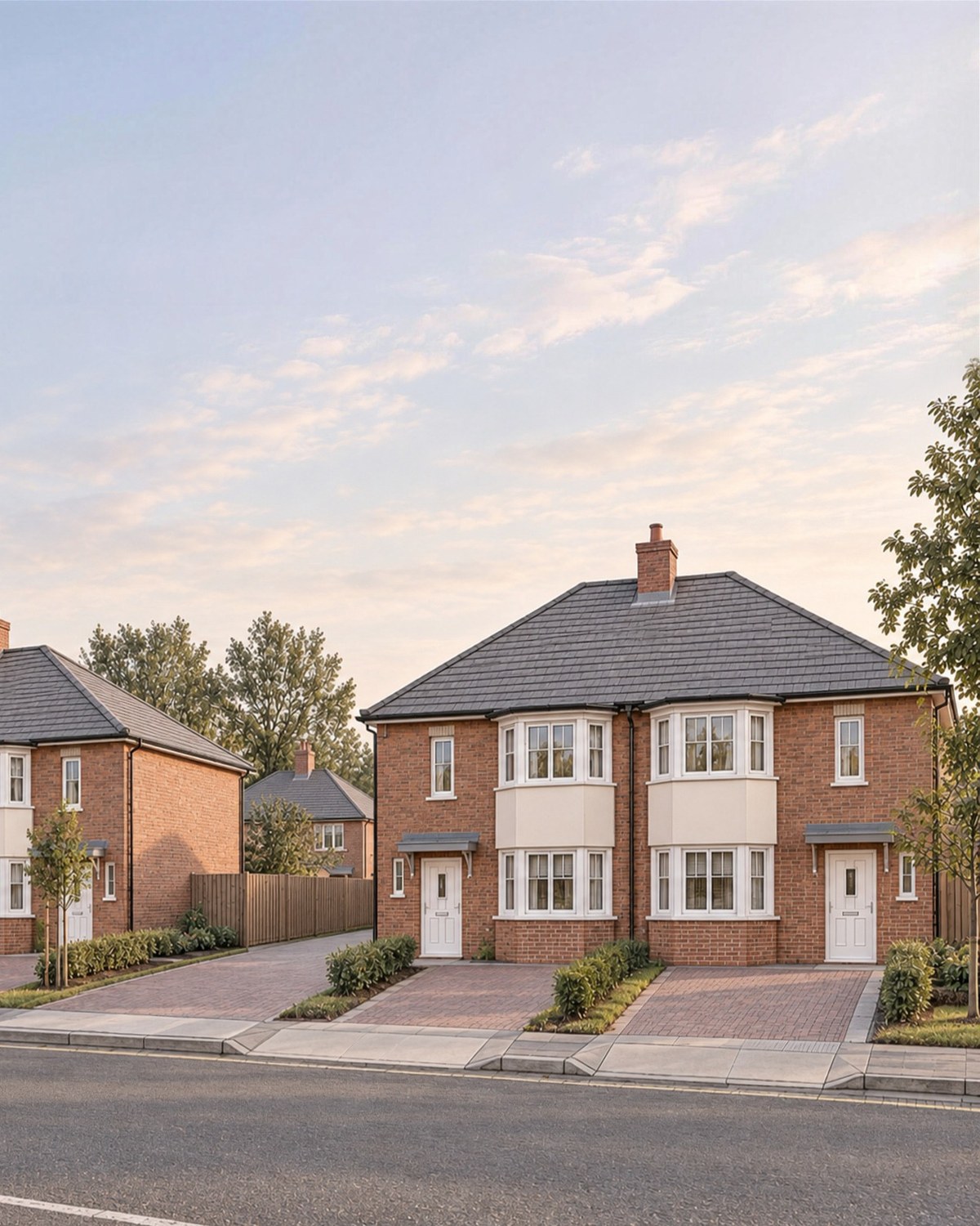 Visualisation from across Gospel Lane, Acocks Green: three pairs of red-brick semi-detached houses