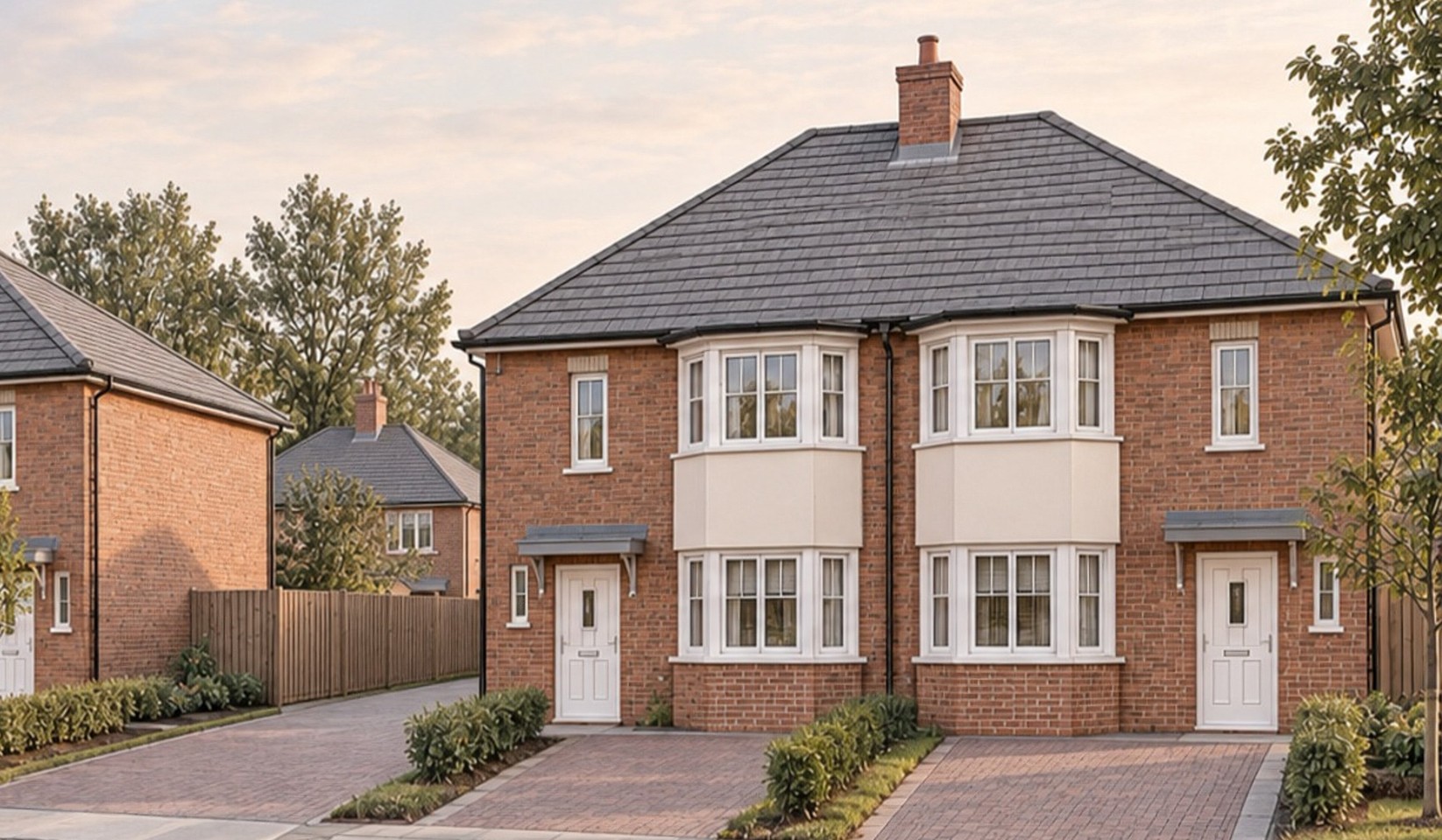 Closer view of the visualisation: the nearest pair, with cream rendered bay windows and paved drives