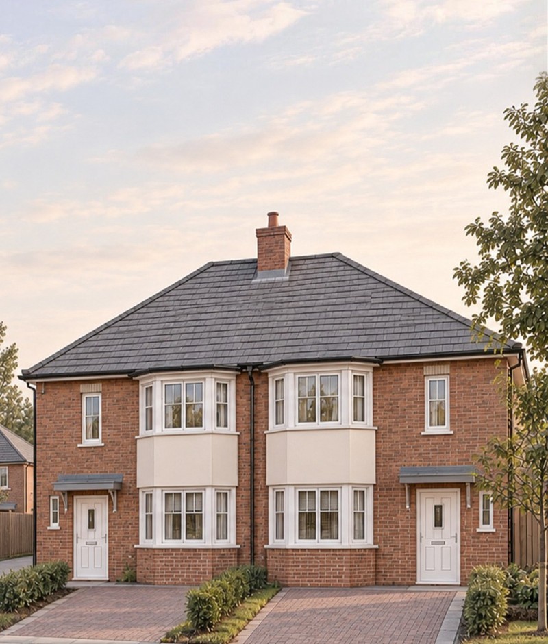 Closer view of the visualisation: the nearest pair, with cream rendered bay windows and paved drives