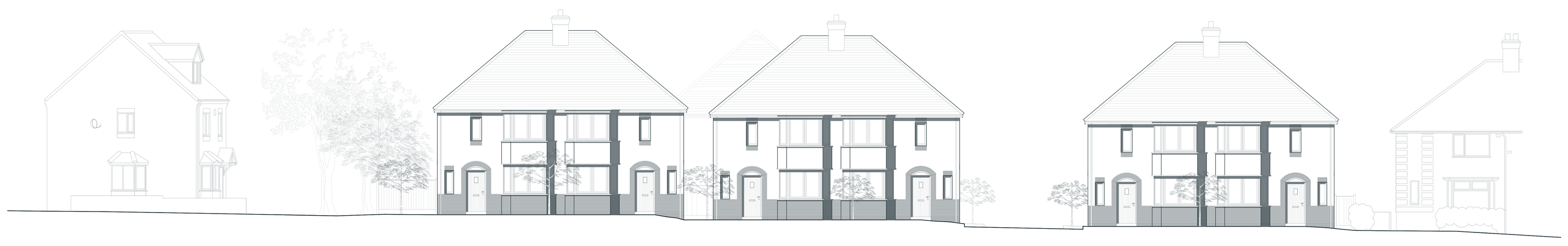 Approved street elevation: three pairs of semi-detached houses between the existing neighbours