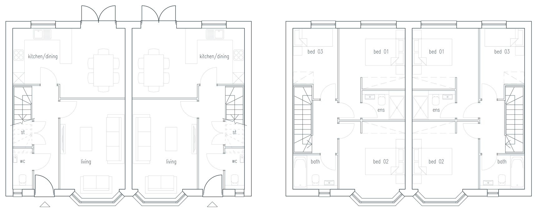 Ground and first floor plans of the three-bedroom houses: living room at the front, kitchen behind