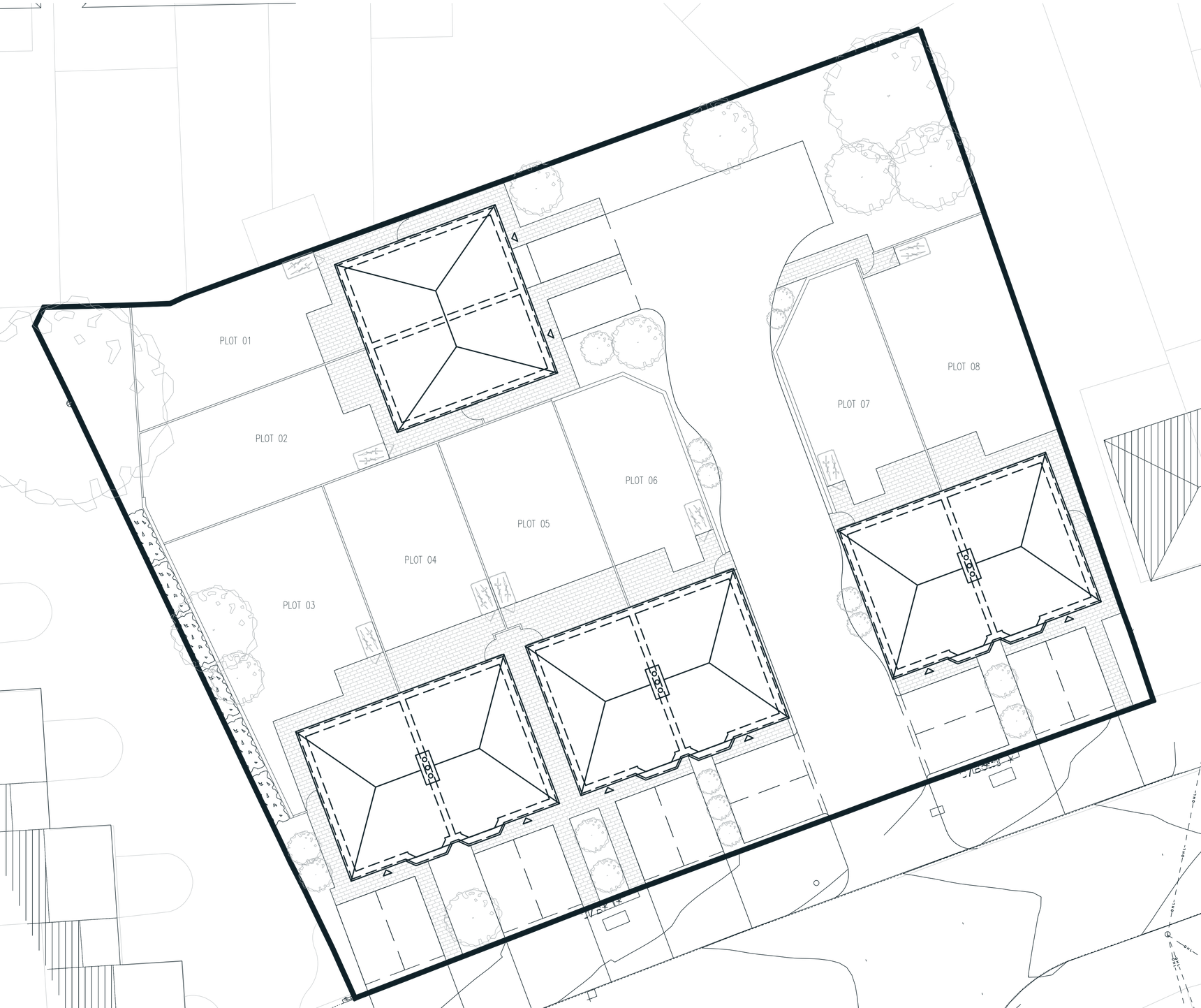 Site plan of the approved layout: three semi-detached pairs on Gospel Lane, a fourth pair behind