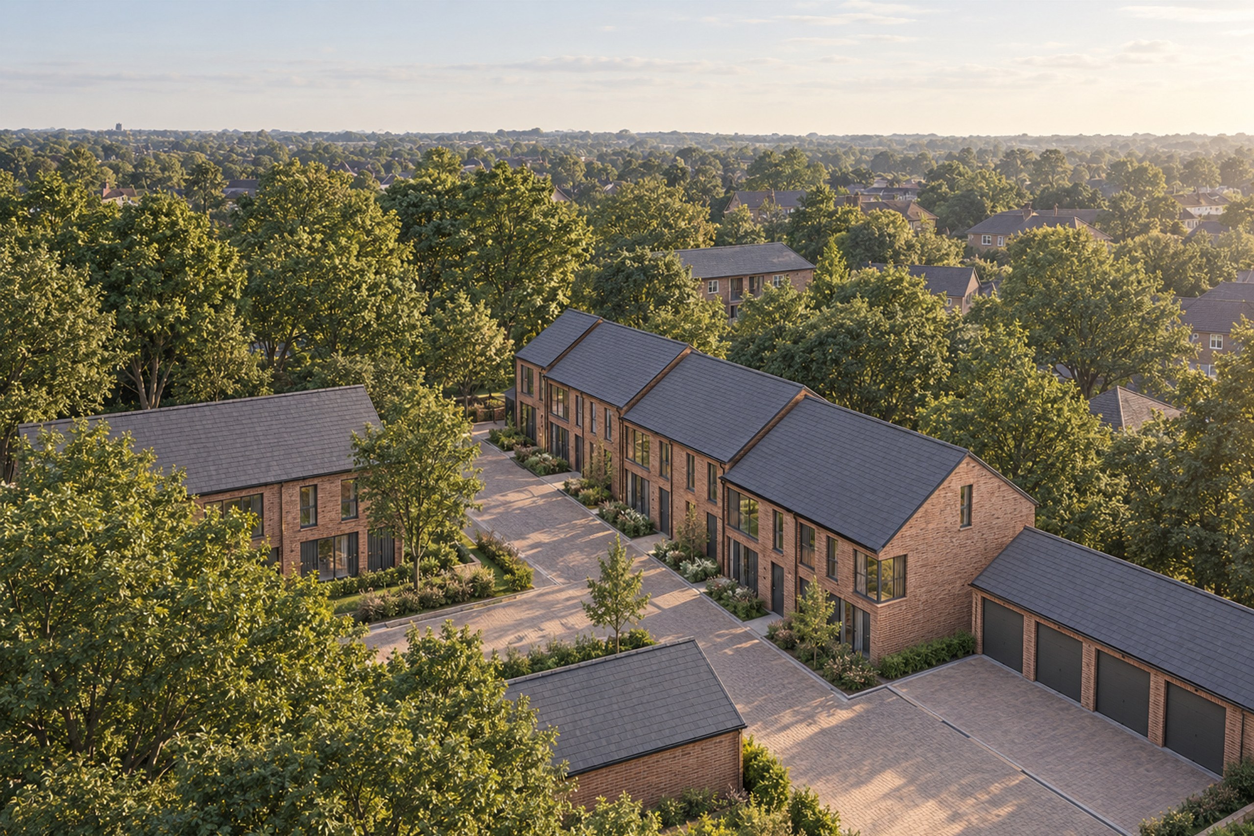 Indicative visualisation from above: ten red brick homes around a shared drive behind Bedworth Road