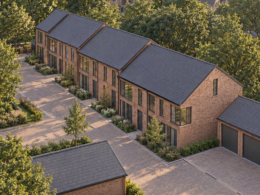 Closer view of the indicative visualisation: the stepped row of brick homes with front gardens