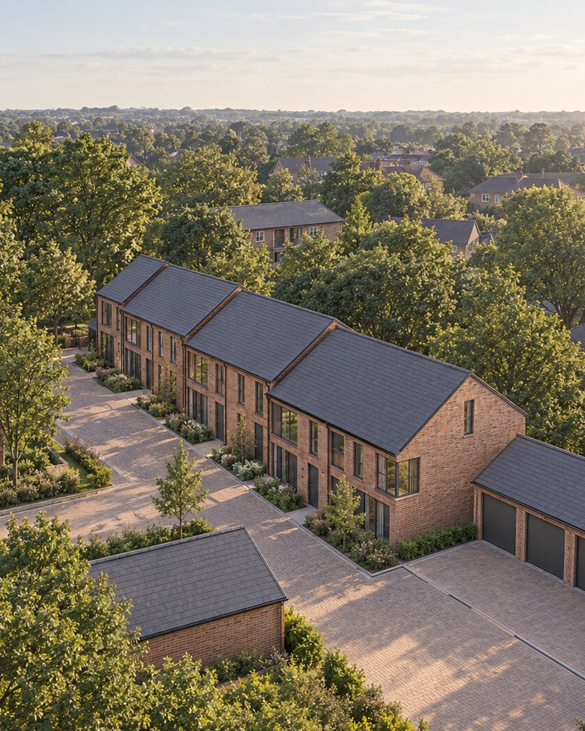 Indicative visualisation from above: ten red brick homes around a shared drive behind Bedworth Road