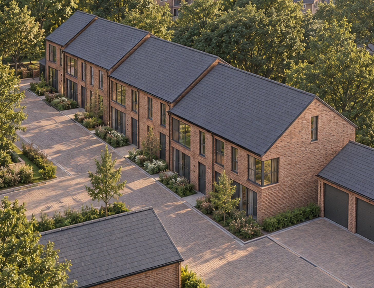 Closer view of the indicative visualisation: the stepped row of brick homes with front gardens