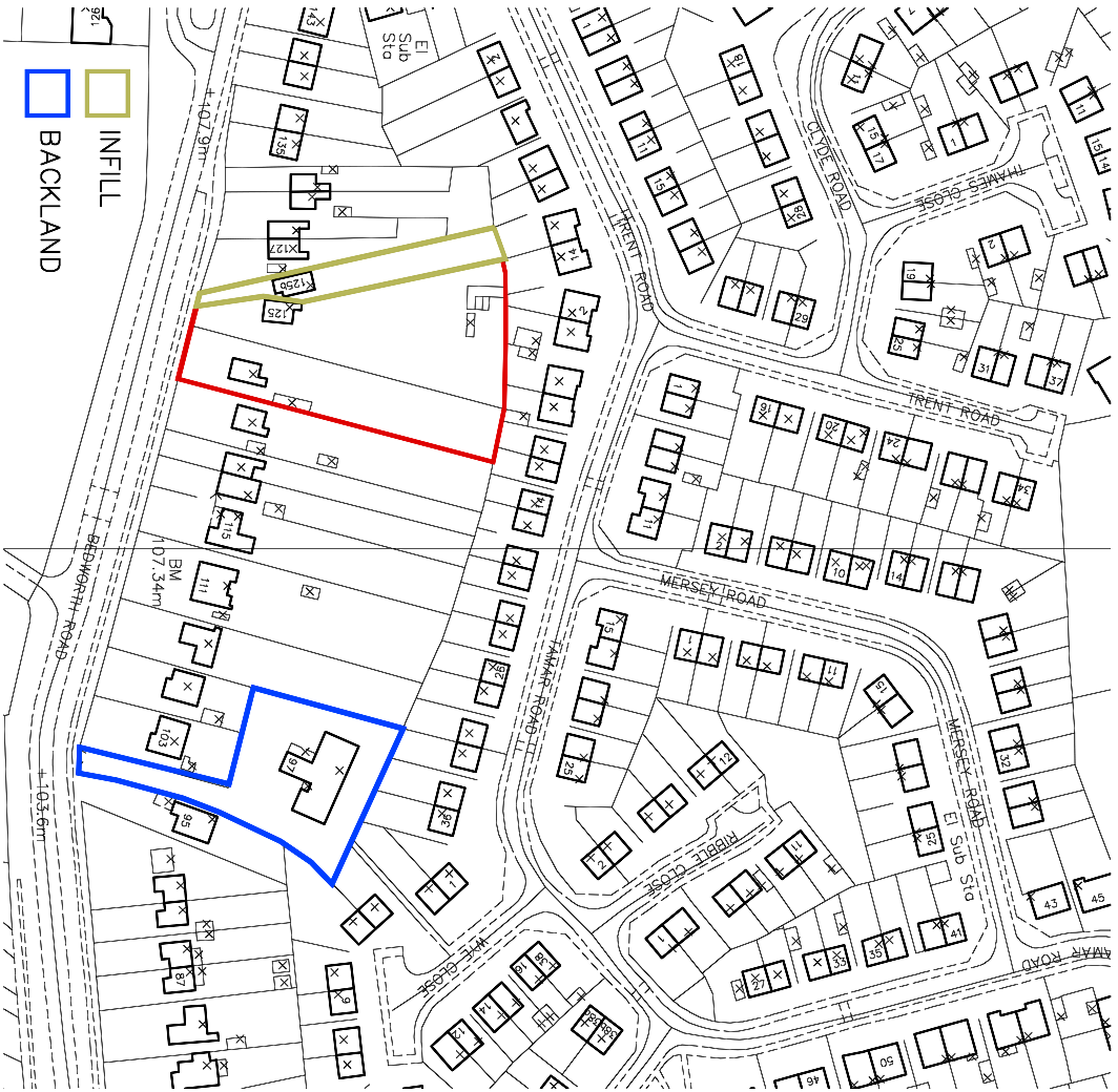 Location plan: the application site in red behind Bedworth Road, infill and backland plots marked