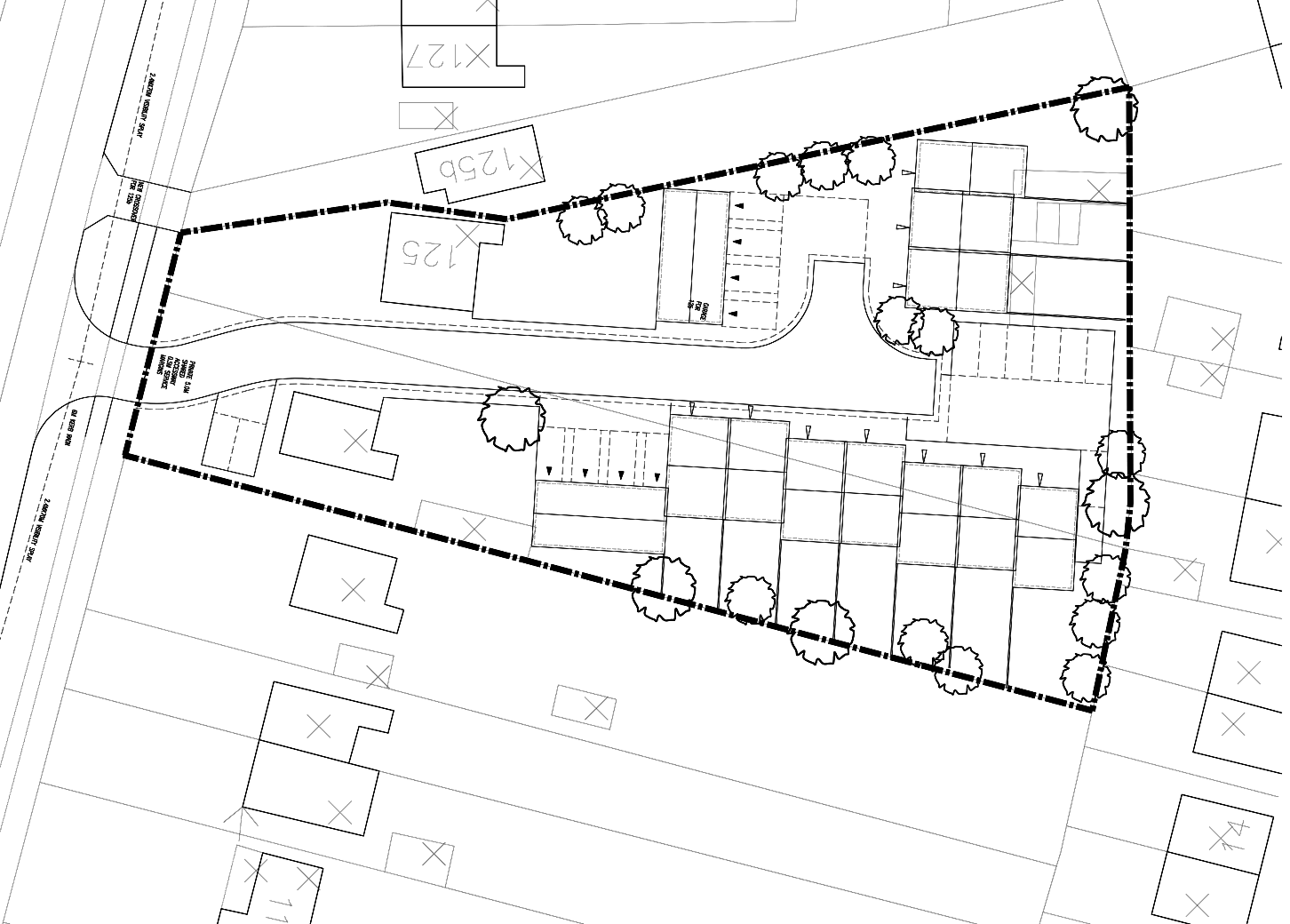 Indicative site plan: a row of seven homes and a terrace of three on a wedge-shaped backland site