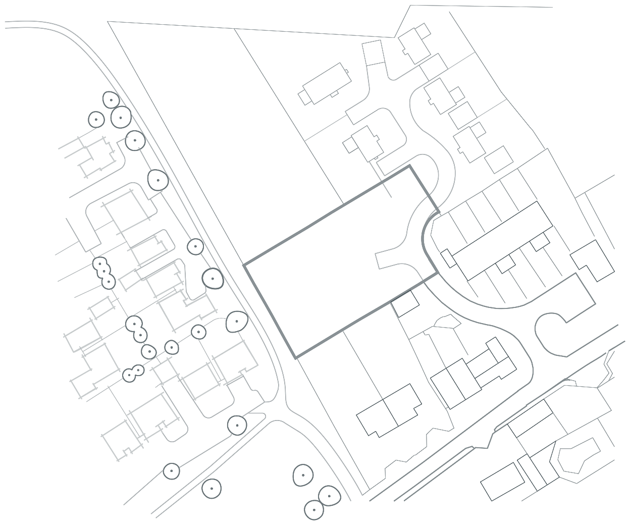 Context plan: the site at the end of the cul-de-sac, consented housing and existing homes around it