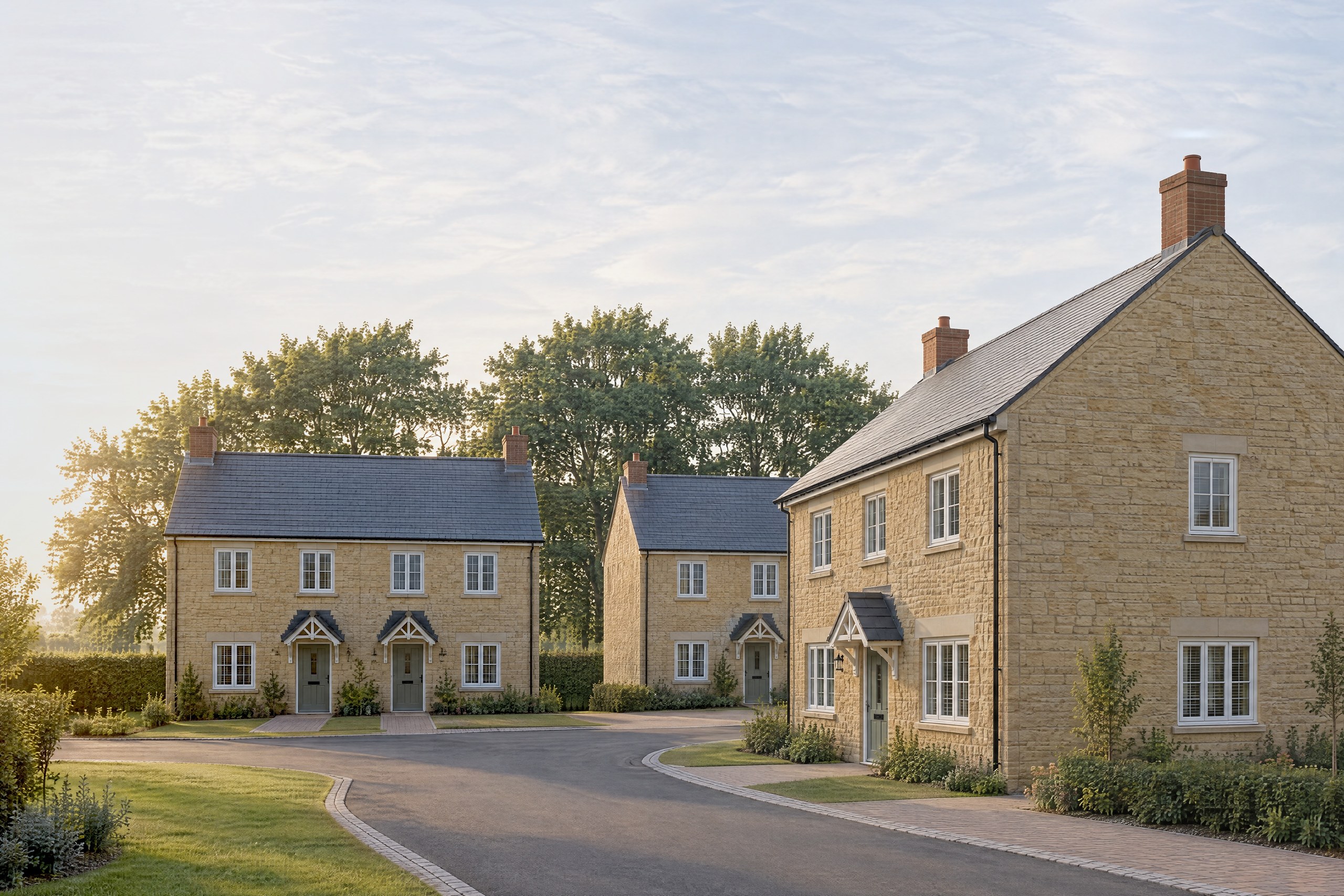 Indicative visualisation of five new homes off Home Farm Close, Ambrosden, in low evening light