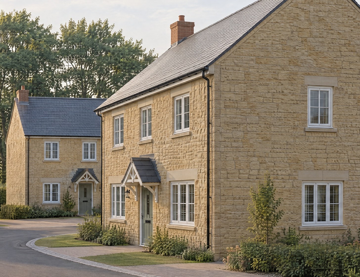 Closer part of the indicative visualisation: the detached stone house at the entrance