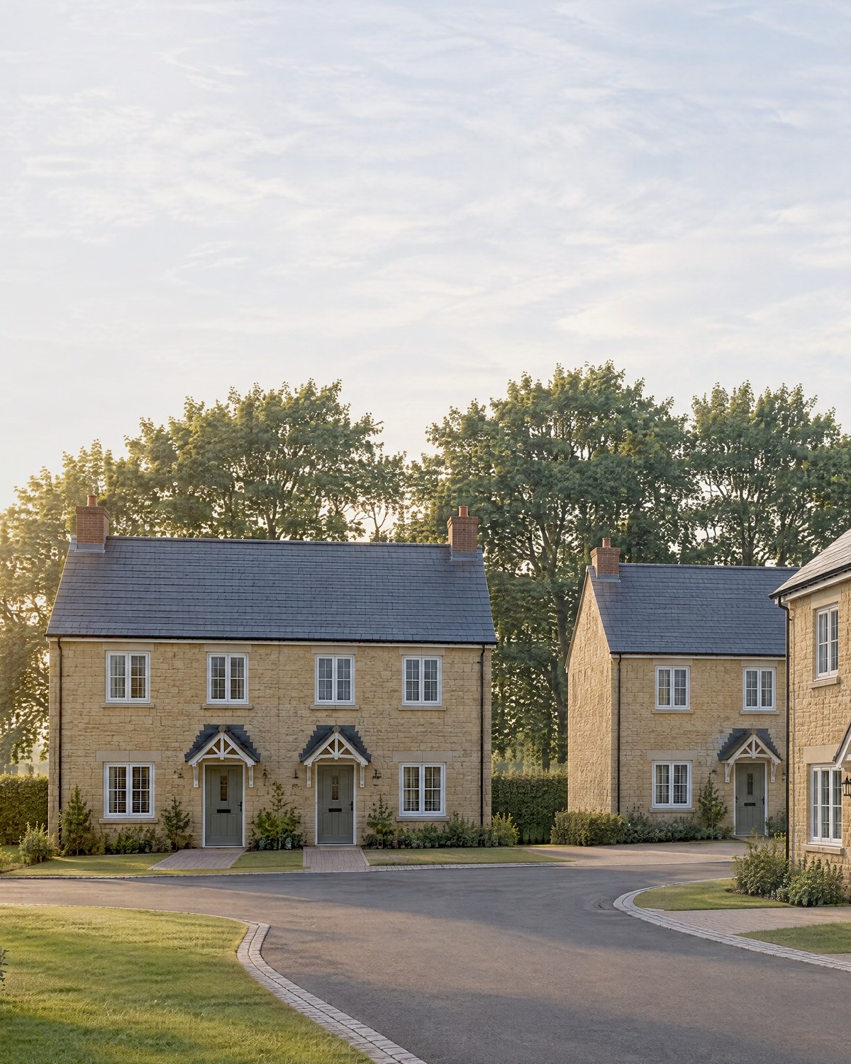 Indicative visualisation of five new homes off Home Farm Close, Ambrosden, in low evening light