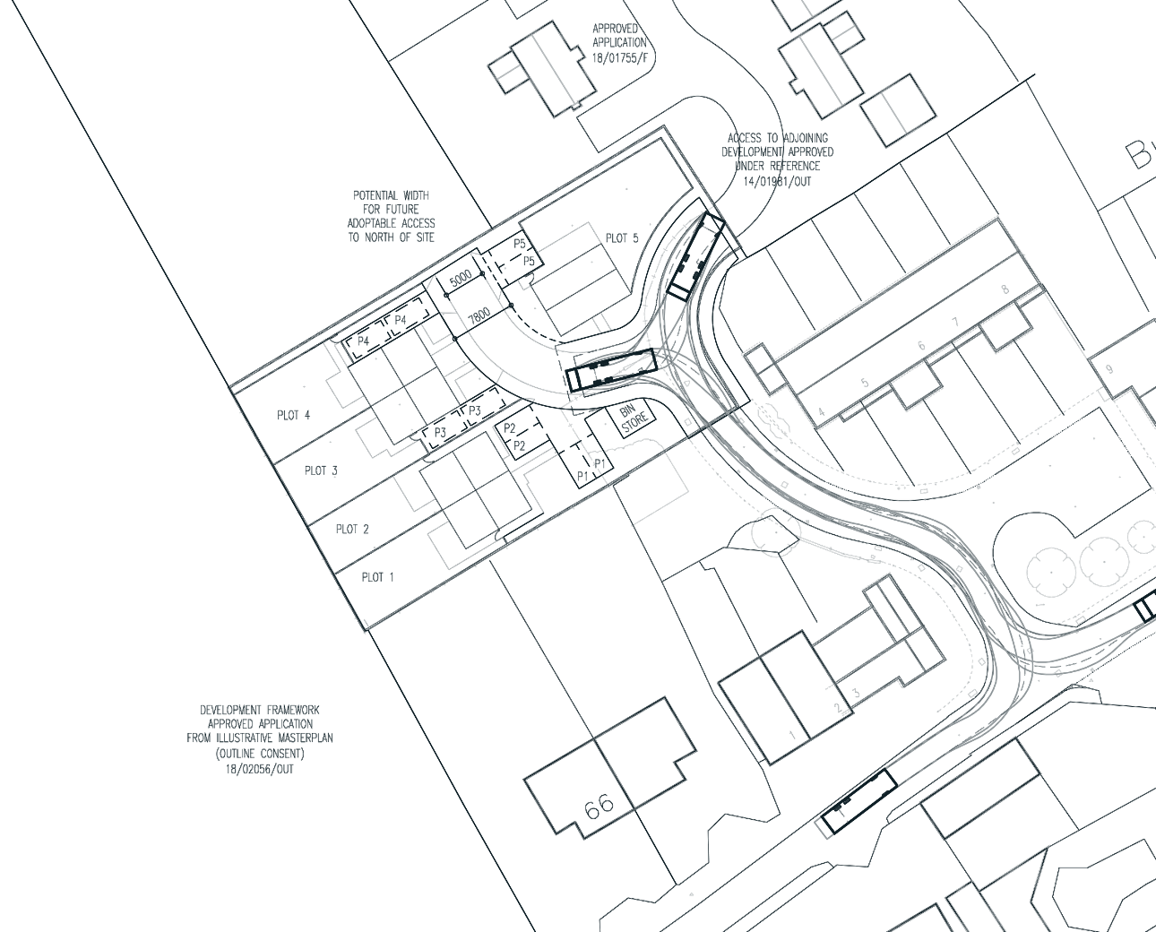 Vehicle tracking plan: fire appliance and refuse vehicle paths along Home Farm Close past existing houses