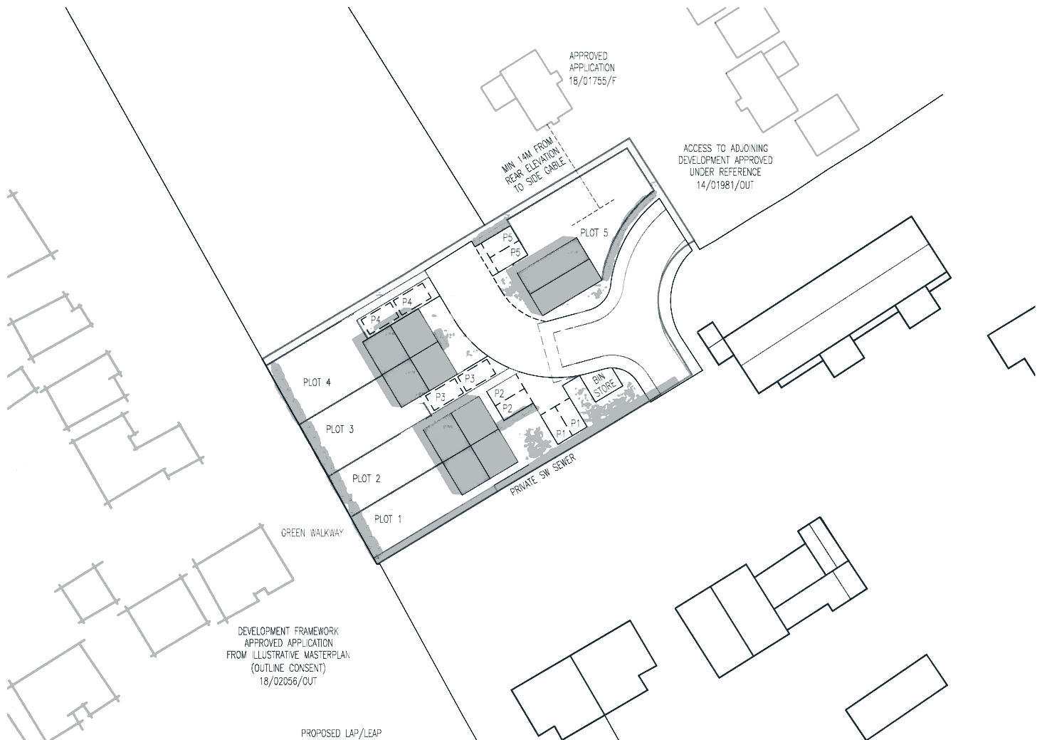 Indicative site plan: two semi-detached pairs and a detached house facing the entrance drive