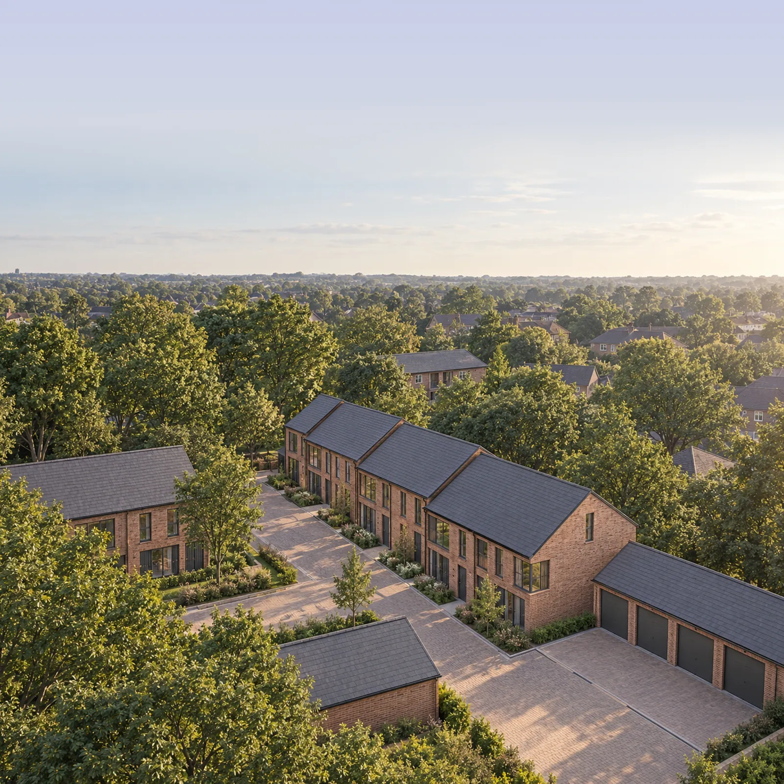 Visualisation of ten homes on the rear gardens behind Bedworth Road, Bulkington, seen from the air