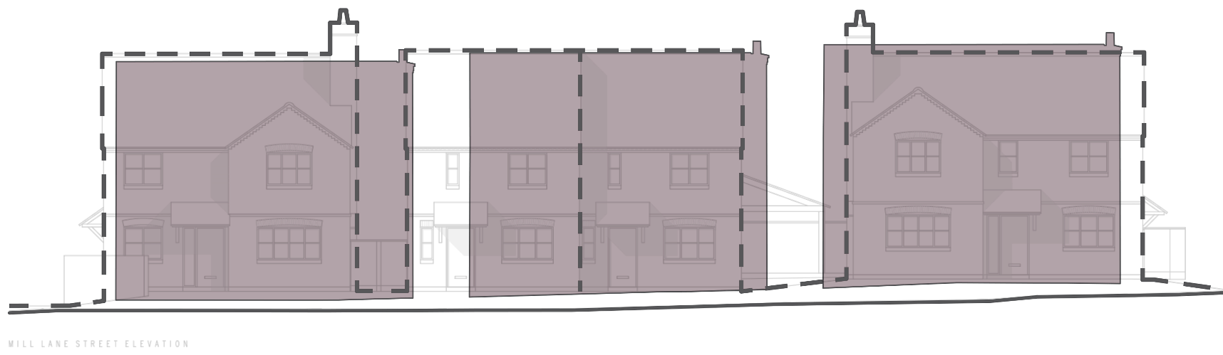 Street elevation to Mill Lane: four new homes at the same height as the three in the earlier consent