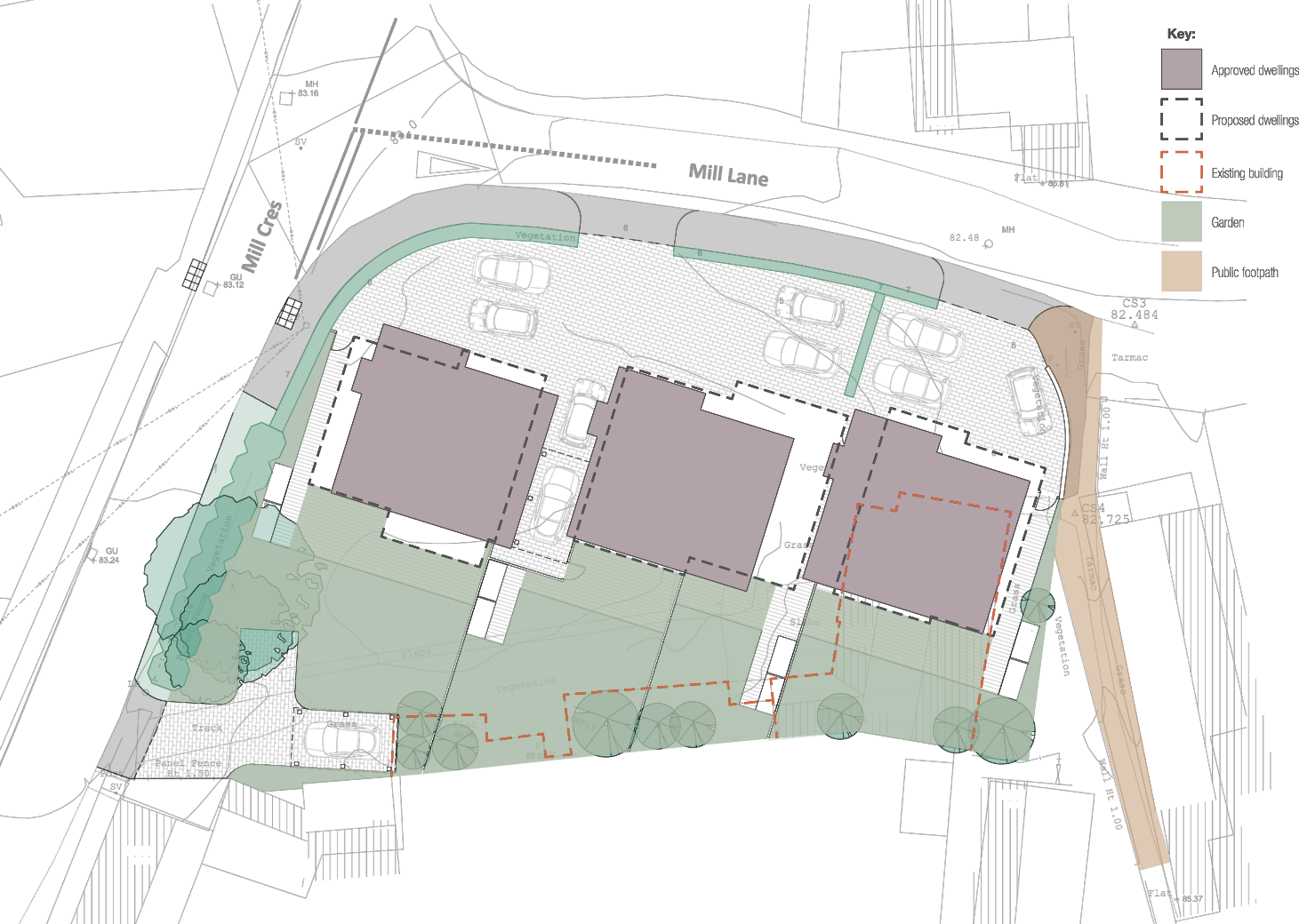Plan of the three house footprints from the earlier consent, with the four new homes dashed over them