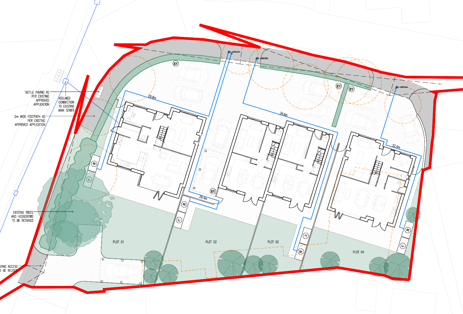 Approved site plan: two detached houses and a pair of semis in a row on the corner plot