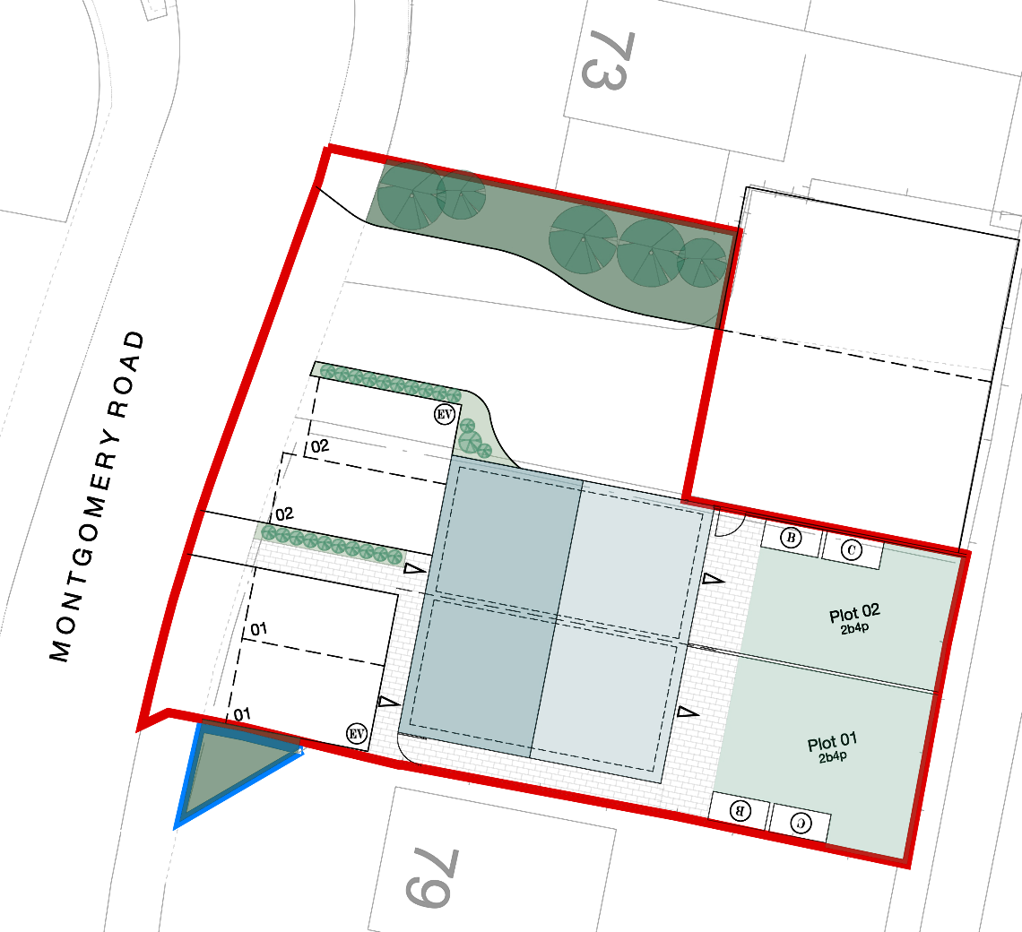 Approved site plan: the pair of houses between Nos. 73 and 79, with four parking spaces at the front