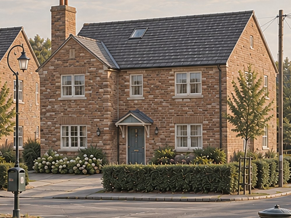 A closer part of the visualisation: the gabled corner house and the pair of semis beside it