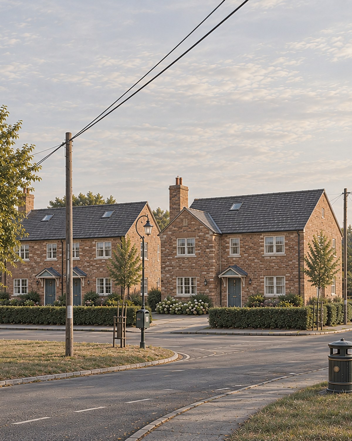 Visualisation of the new homes on Mill Lane, Kineton, seen across the village green