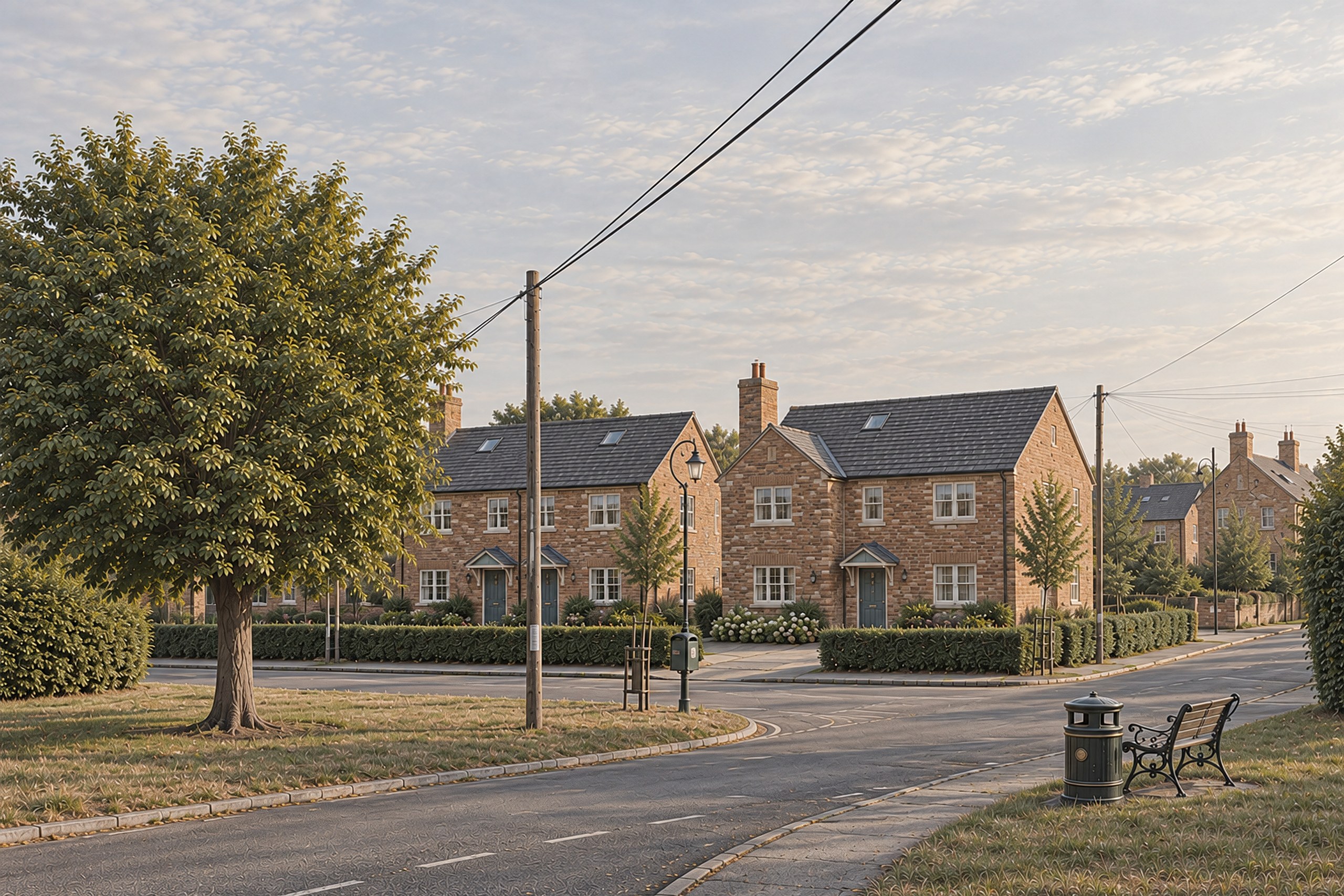 Visualisation of the new homes on Mill Lane, Kineton, seen across the village green
