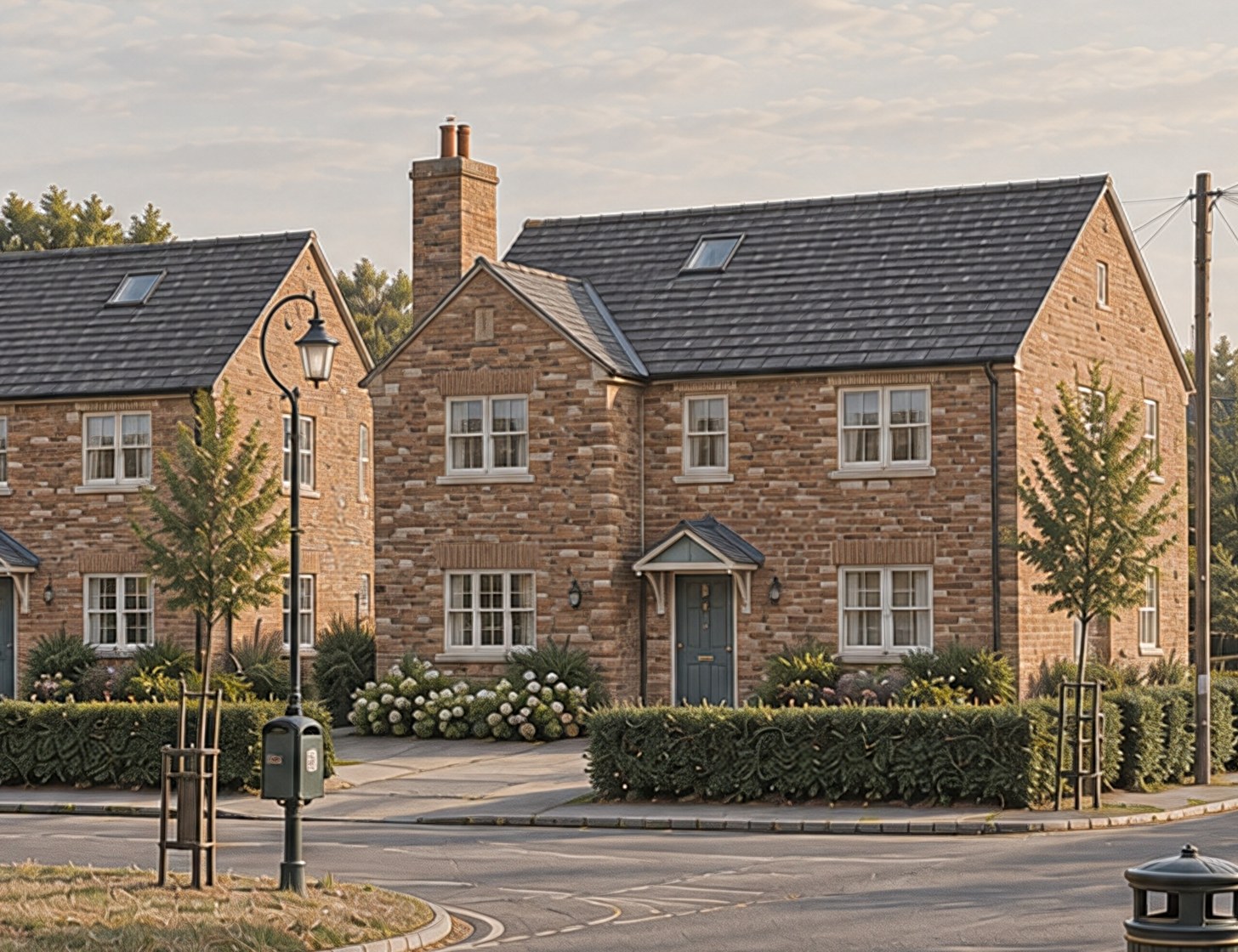 A closer part of the visualisation: the gabled corner house and the pair of semis beside it