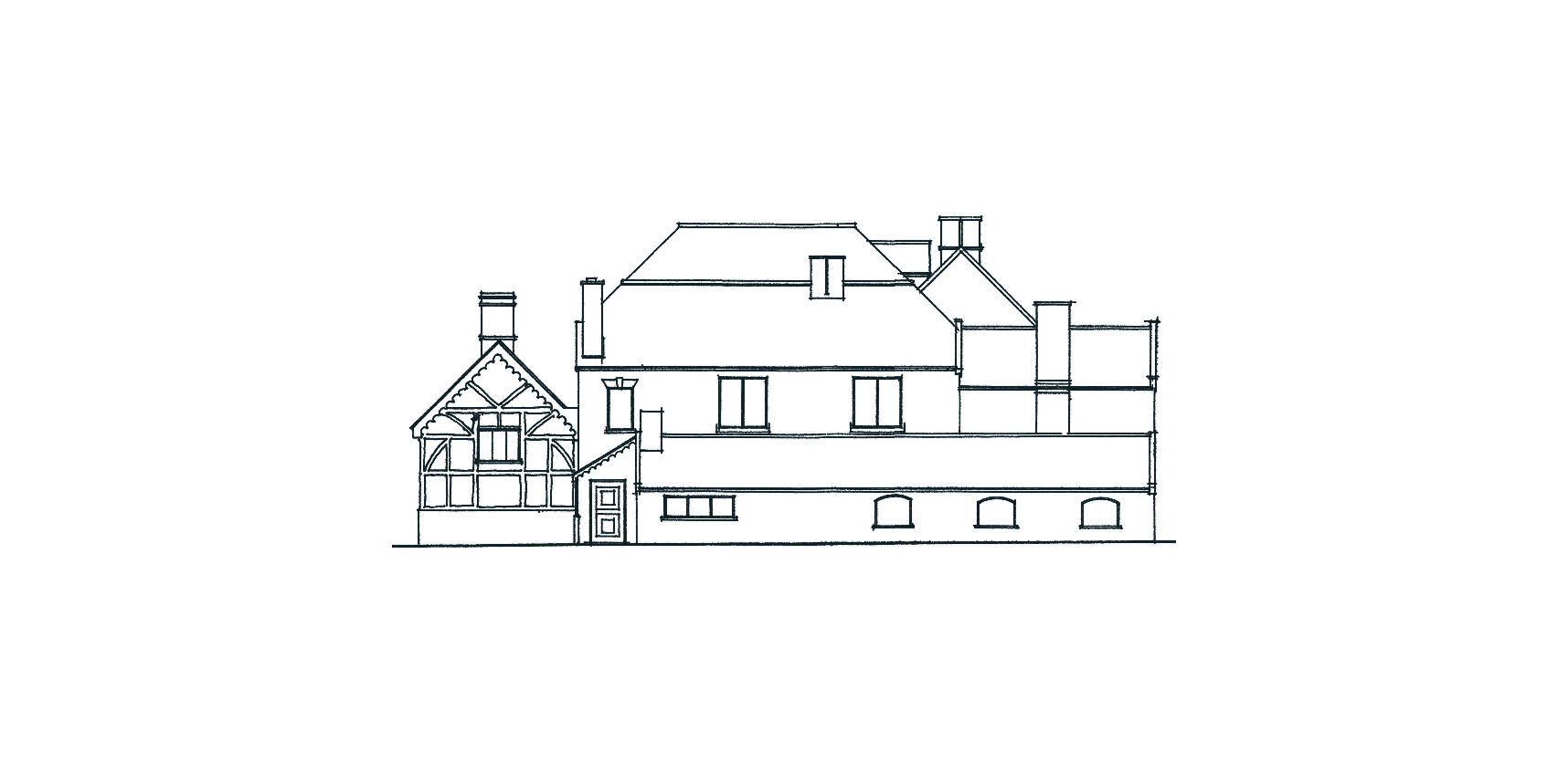 A 1954 survey elevation of the garden side: a single-storey range with three arched windows
