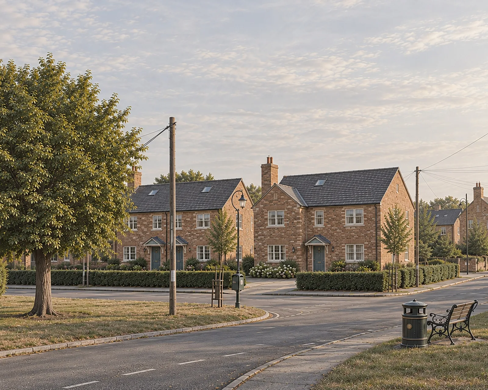 Visualisation of the new homes on Mill Lane, Kineton, seen across the village green