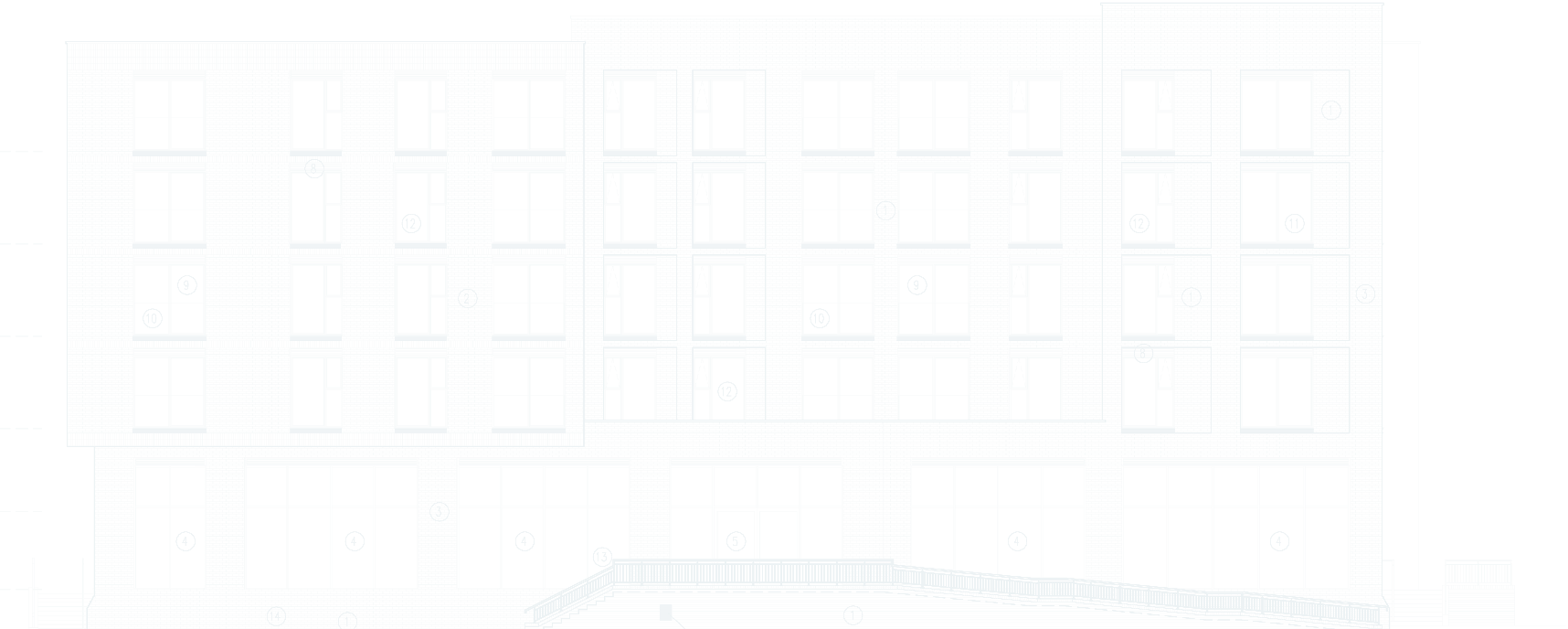 Front elevation drawing of the Muller Yard block: four storeys of windows over full-height shopfronts