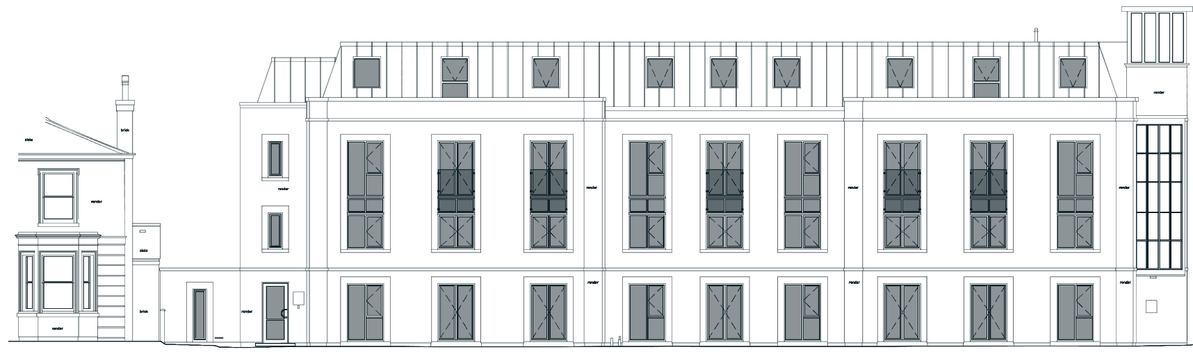 Approved east elevation: five upper windows with glass Juliet balconies, full-height windows below