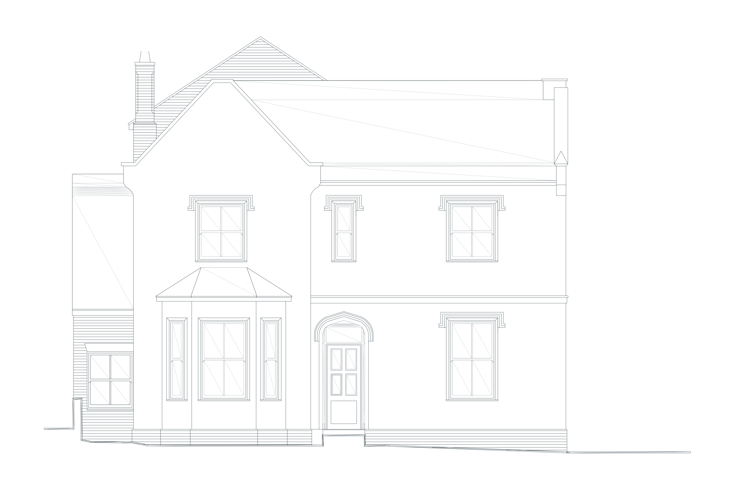 After: the approved street elevation, with a canted bay, a Gothic-arched door and sashes under label moulds