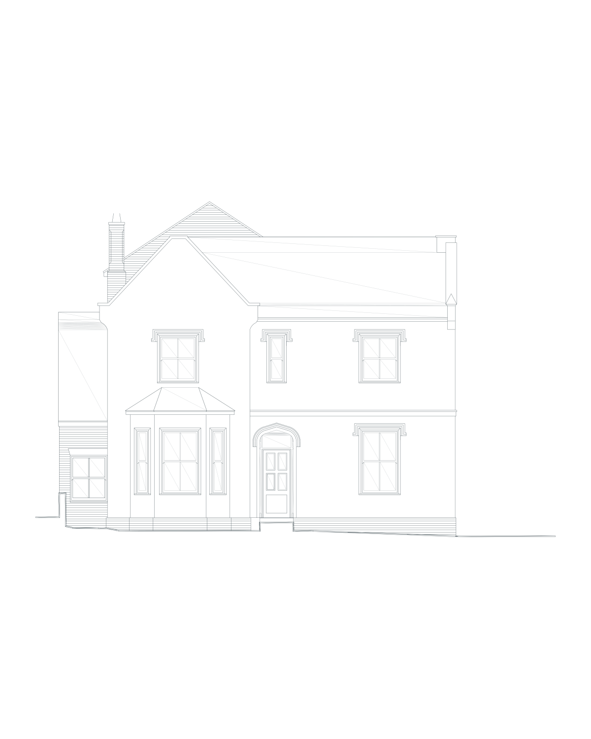 After: the approved street elevation, with a canted bay, a Gothic-arched door and sashes under label moulds