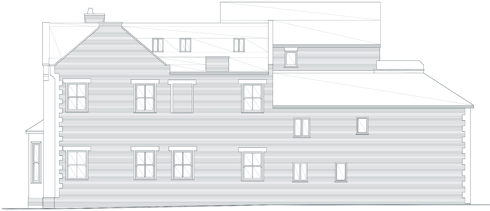 Approved side elevation: a brick wall with sashes on two floors, quoins and a slate roof with rooflights