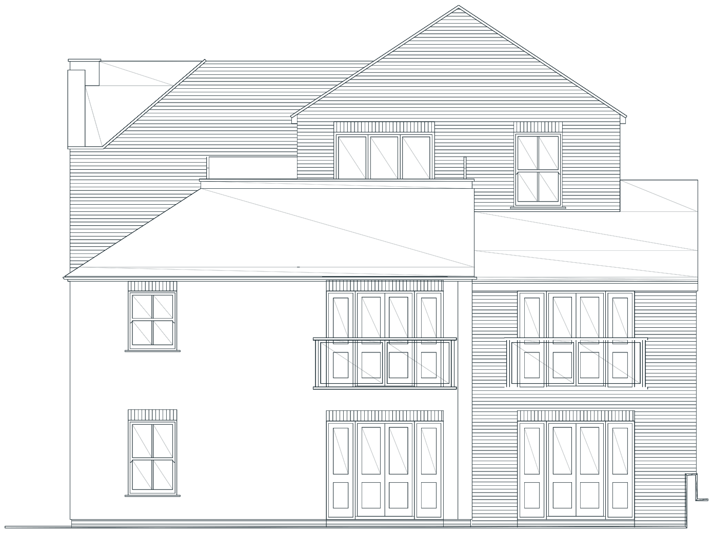 Approved rear elevation: a roof terrace in the gable, Juliet balconies above and folding doors below