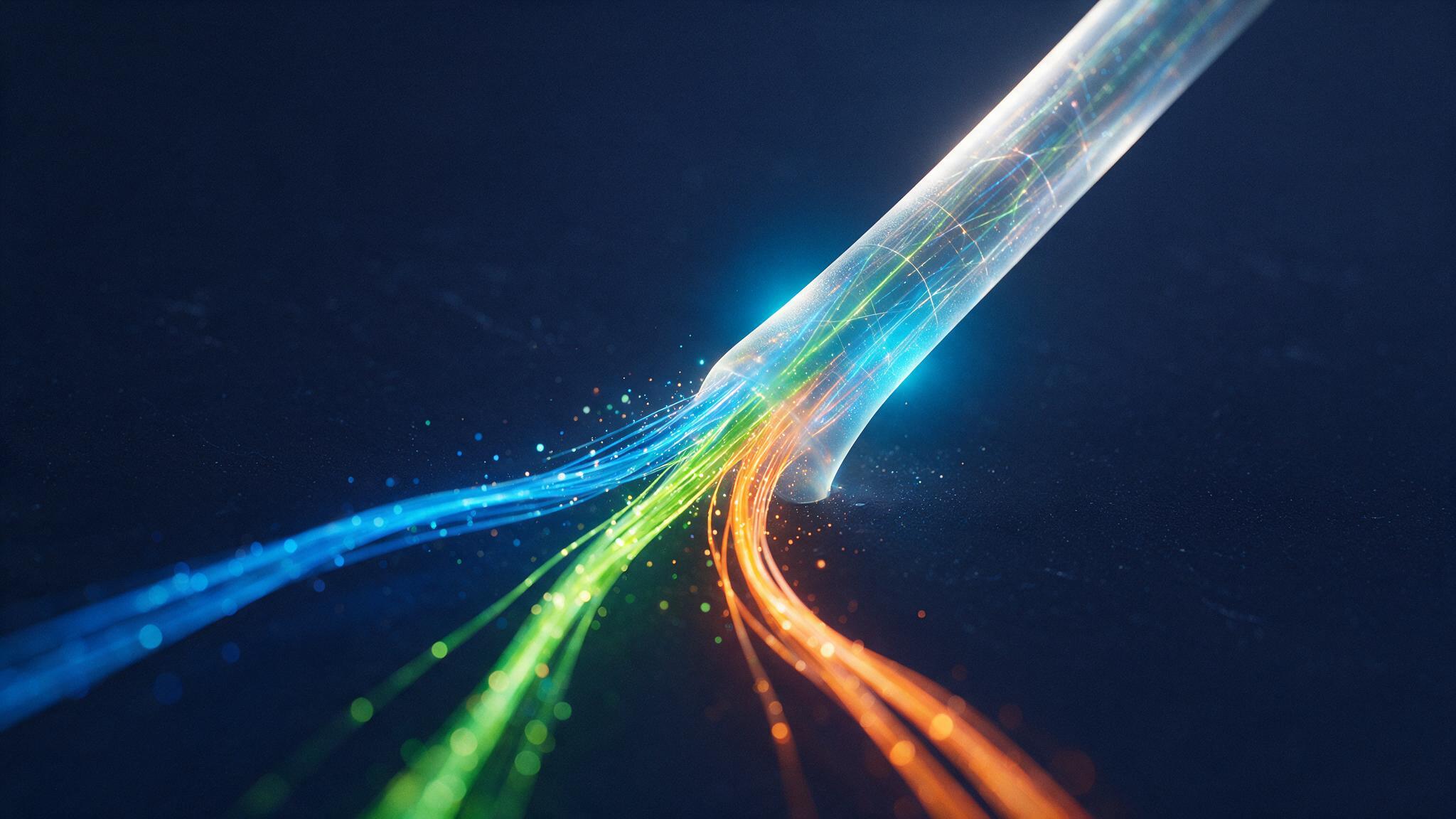 Abstrakte Illustration: drei leuchtende Lichtstränge verschiedener Farben verschmelzen zu einem Glasfaser-Netzstrang, Symbolbild für mehrere Marken auf einem gemeinsamen Netz