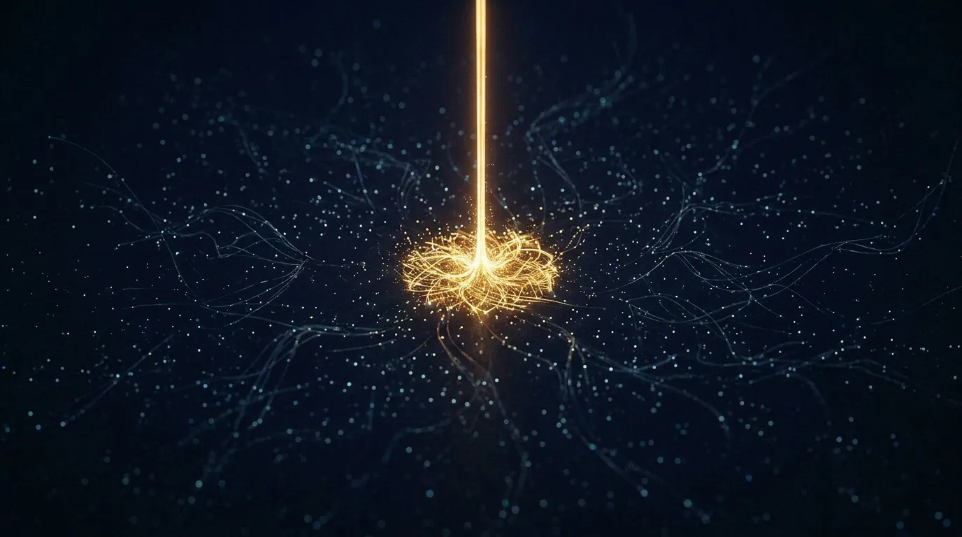 Abstrakte Illustration: ein enger Lichtkegel beleuchtet nur einen kleinen Bereich, waehrend viele weitere Lichtpunkte verstreut im Dunkeln unbemerkt bleiben, Symbolbild fuer blinde Flecken beim alleinigen Beobachten des eigenen Kanals