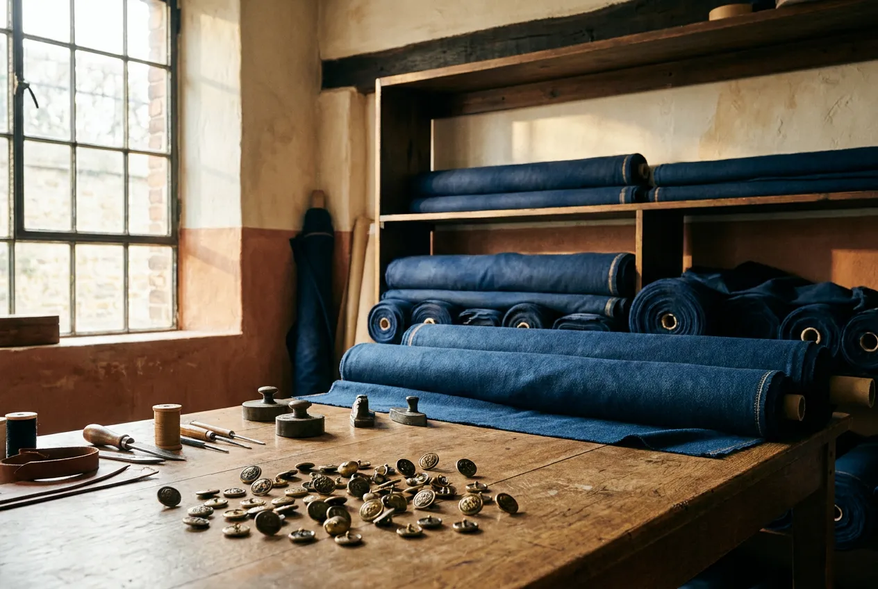Rolls of deep navy uniform fabric and brass buttons on a cutting table in a heritage garment workshop