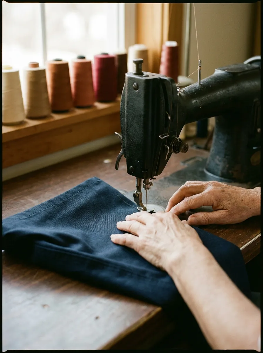 Hands guiding navy twill through an industrial sewing machine, thread spools behind