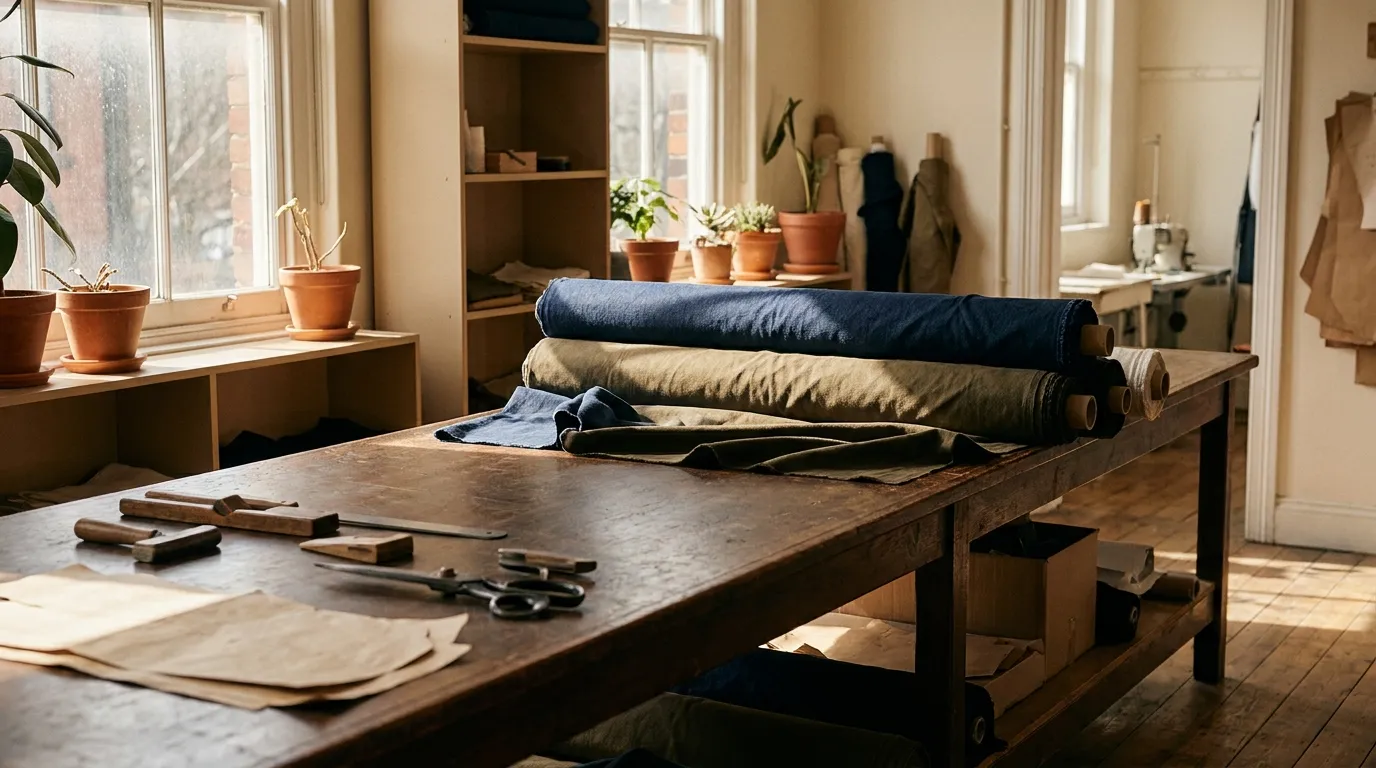 Long cutting table in a garment workshop with bolts of navy and khaki fabric in warm window light