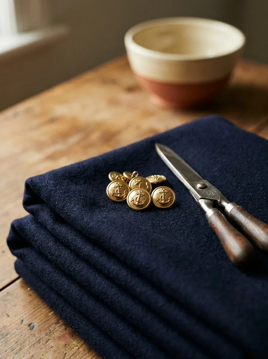 Polished brass uniform buttons and shears resting on folded navy fabric